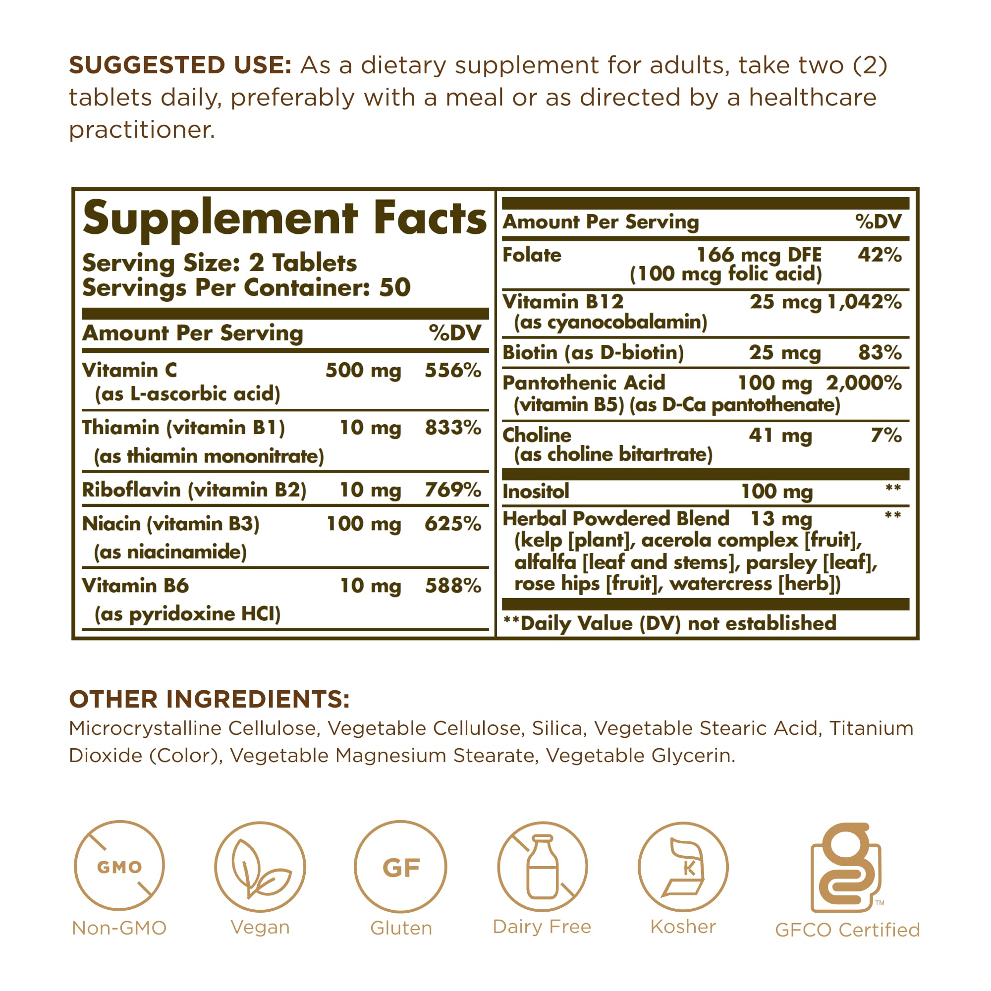 Solgar B-Complex with Vitamin C bottle and label close-up