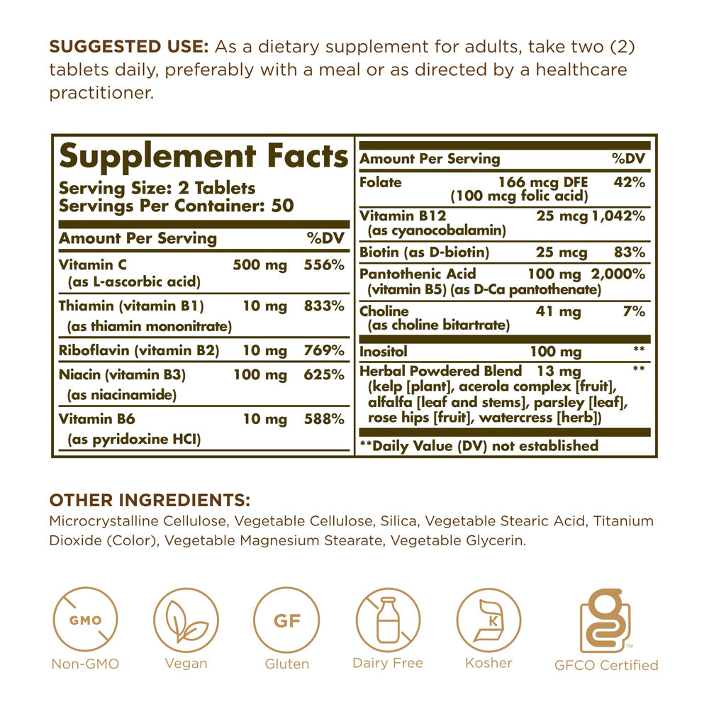 Solgar B-Complex with Vitamin C bottle and label close-up