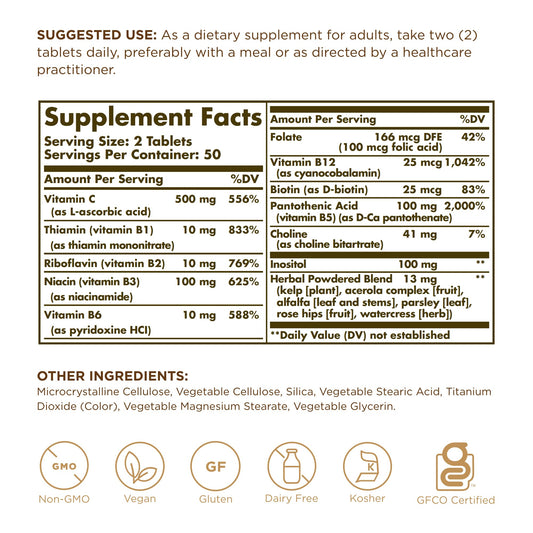Solgar B-Complex with Vitamin C bottle and label close-up