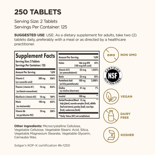 Solgar B-Complex Vitamin C Stress Formula label close-up