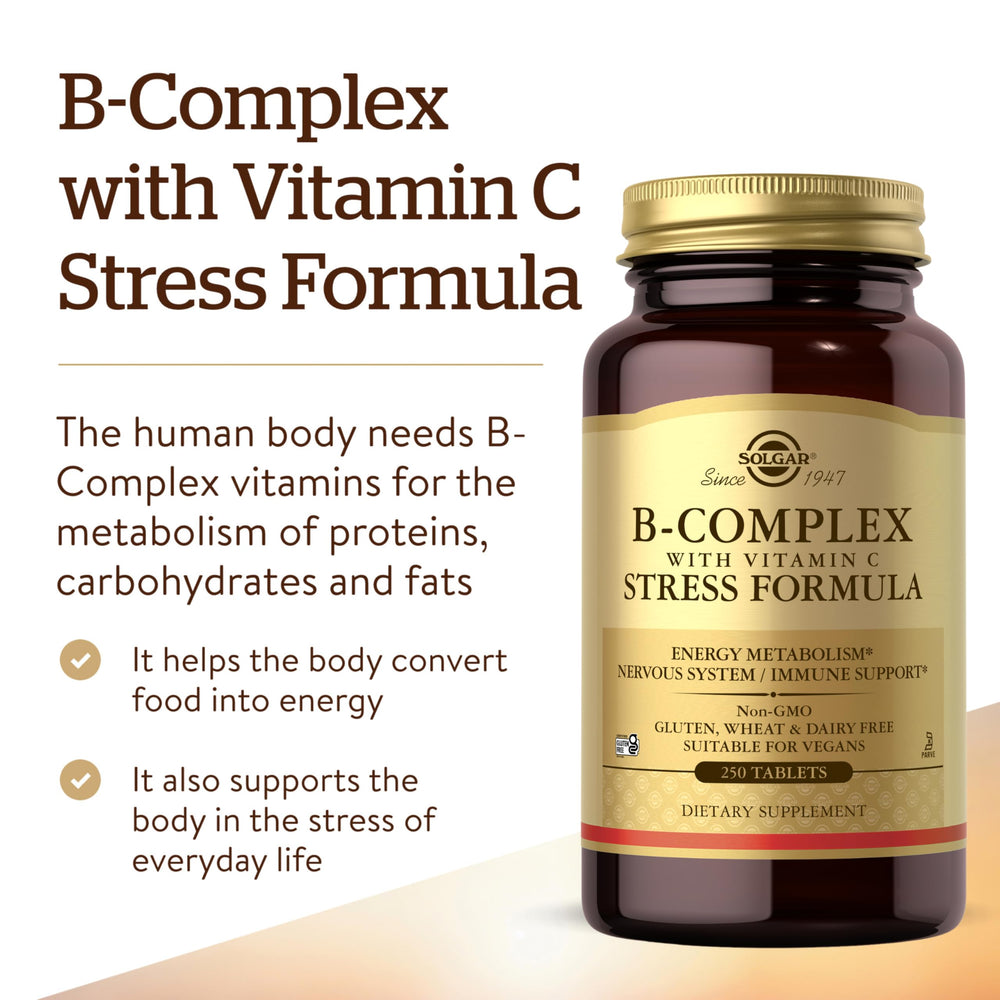 Serving size and tablets image of Solgar B-Complex Stress Formula