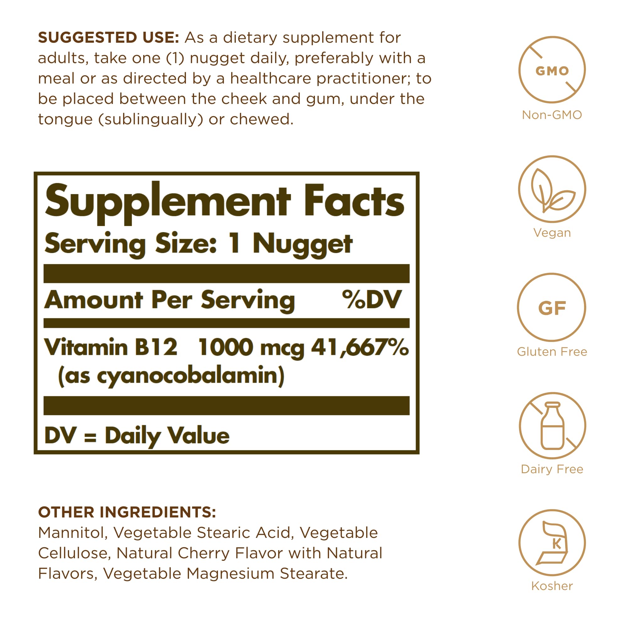 Close-up of 100 B12 sublingual nuggets beside the bottle