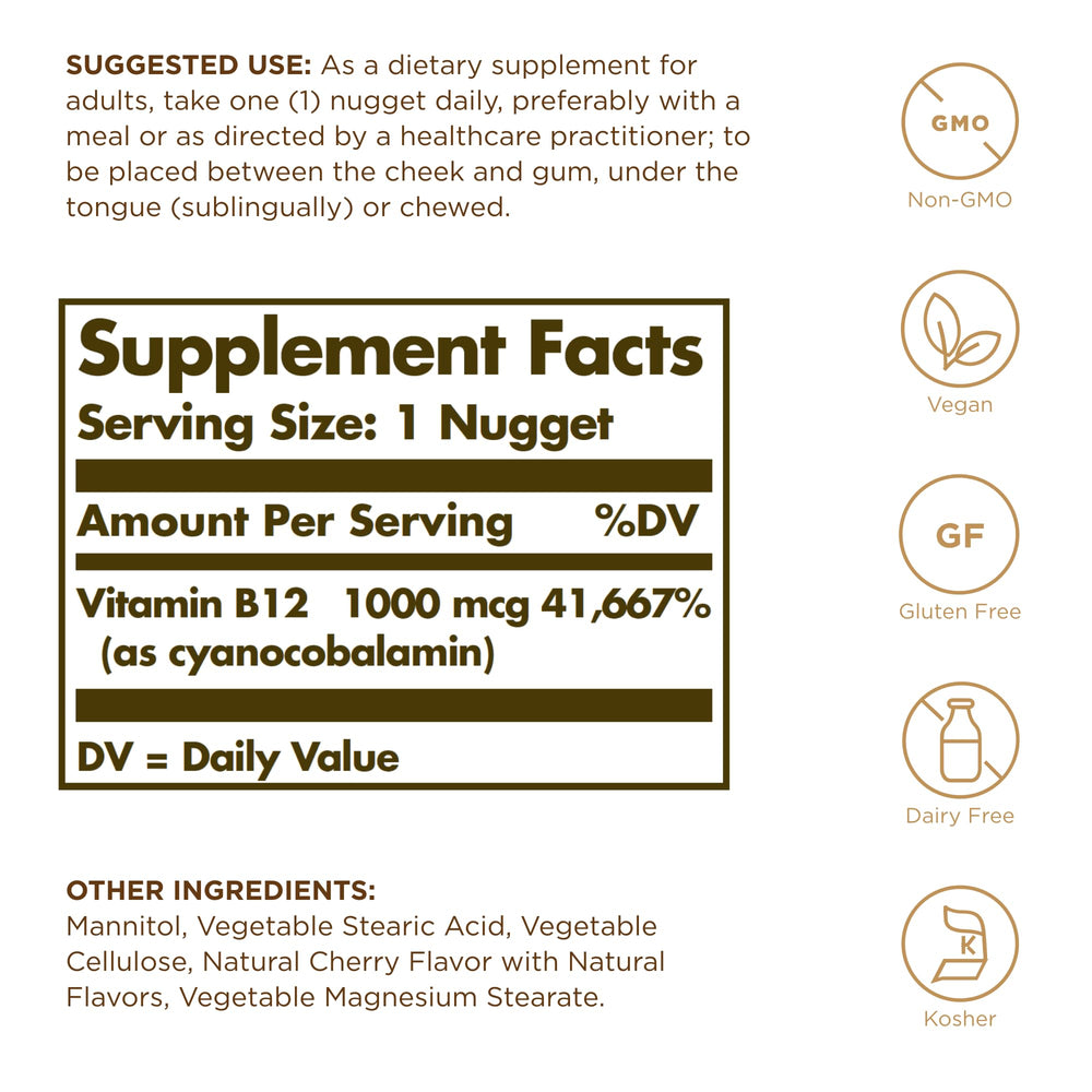 Close-up of 100 B12 sublingual nuggets beside the bottle