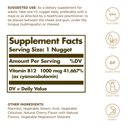 Close-up of 100 B12 sublingual nuggets beside the bottle