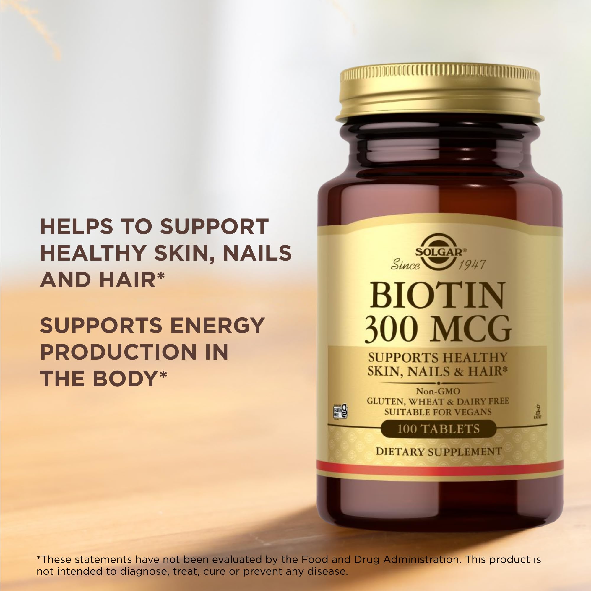 Vegan, Non-GMO, Gluten Free and Kosher icons on Solgar Biotin label