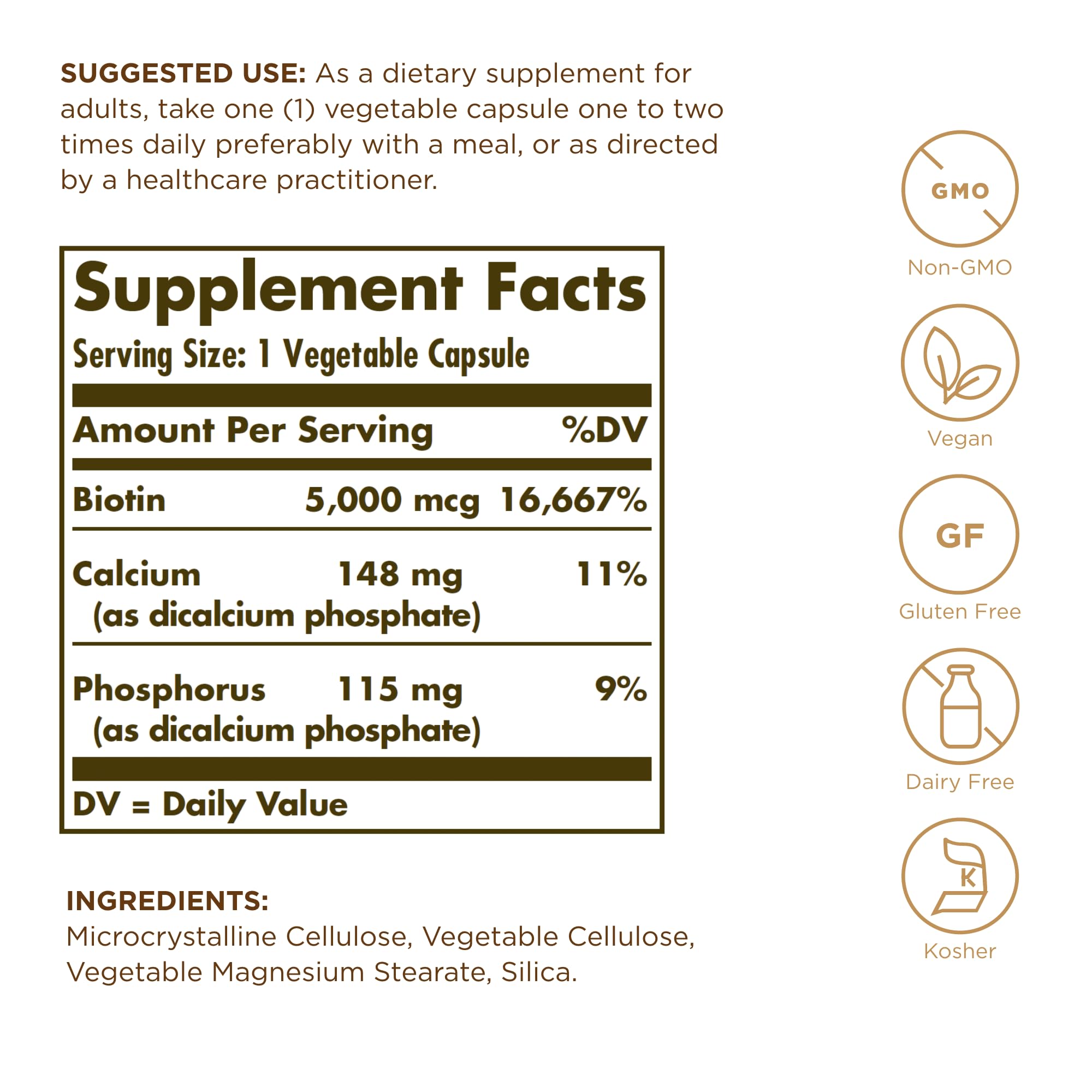 Close-up of Solgar Biotin 5000 mcg label - Non-GMO Vegan Gluten Free