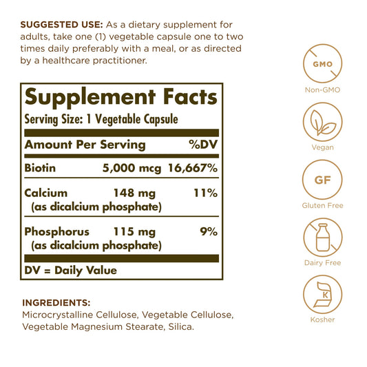 Close-up of Solgar Biotin 5000 mcg label - Non-GMO Vegan Gluten Free