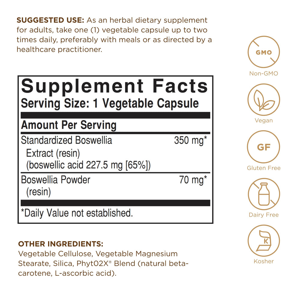 Nutrition facts label for Solgar Boswellia Resin Extract