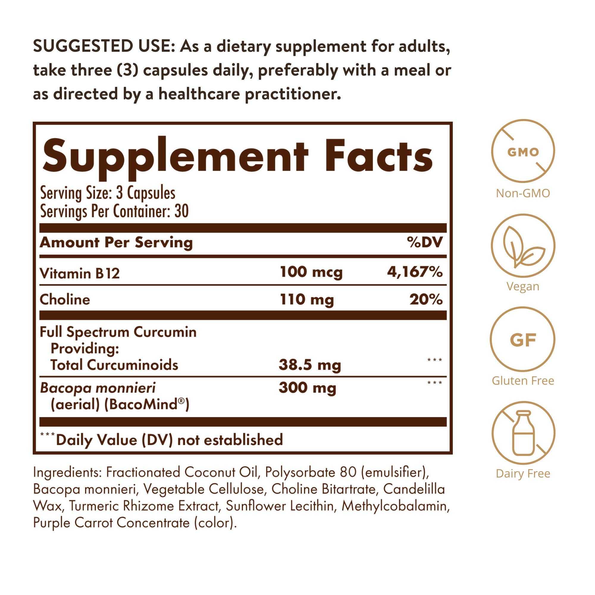 Close-up of Brain Works ingredients: curcumin, BacoMind, choline, B12