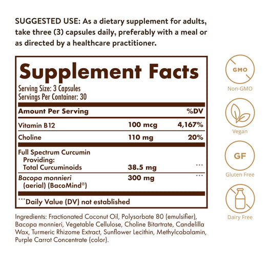 Close-up of Brain Works ingredients: curcumin, BacoMind, choline, B12