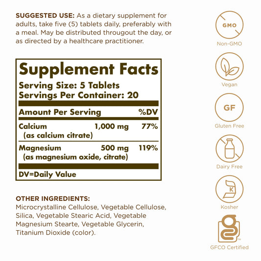 Close-up of Solgar Calcium Magnesium Citrate tablets