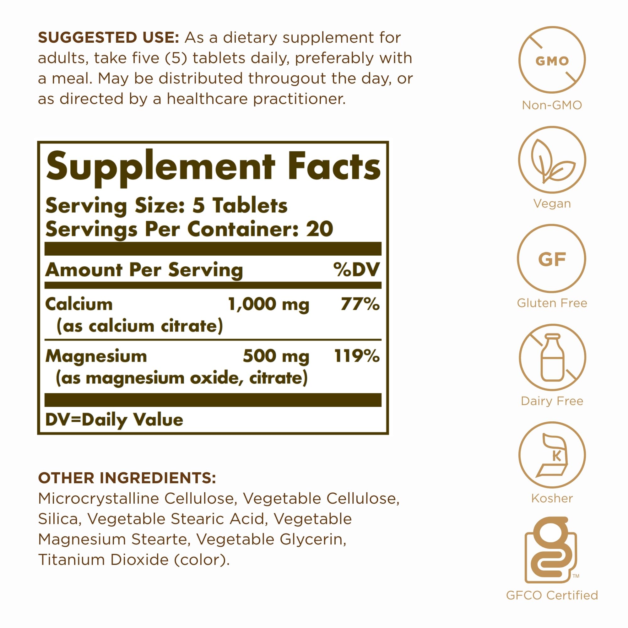 Solgar Calcium Magnesium Citrate bottle label highlighting calcium and magnesium citrate