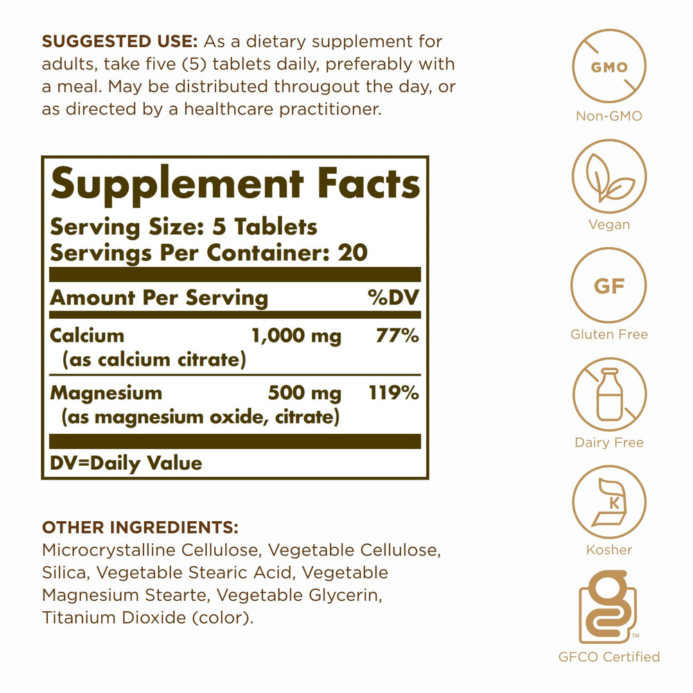 Solgar Calcium Magnesium Citrate bottle label highlighting calcium and magnesium citrate