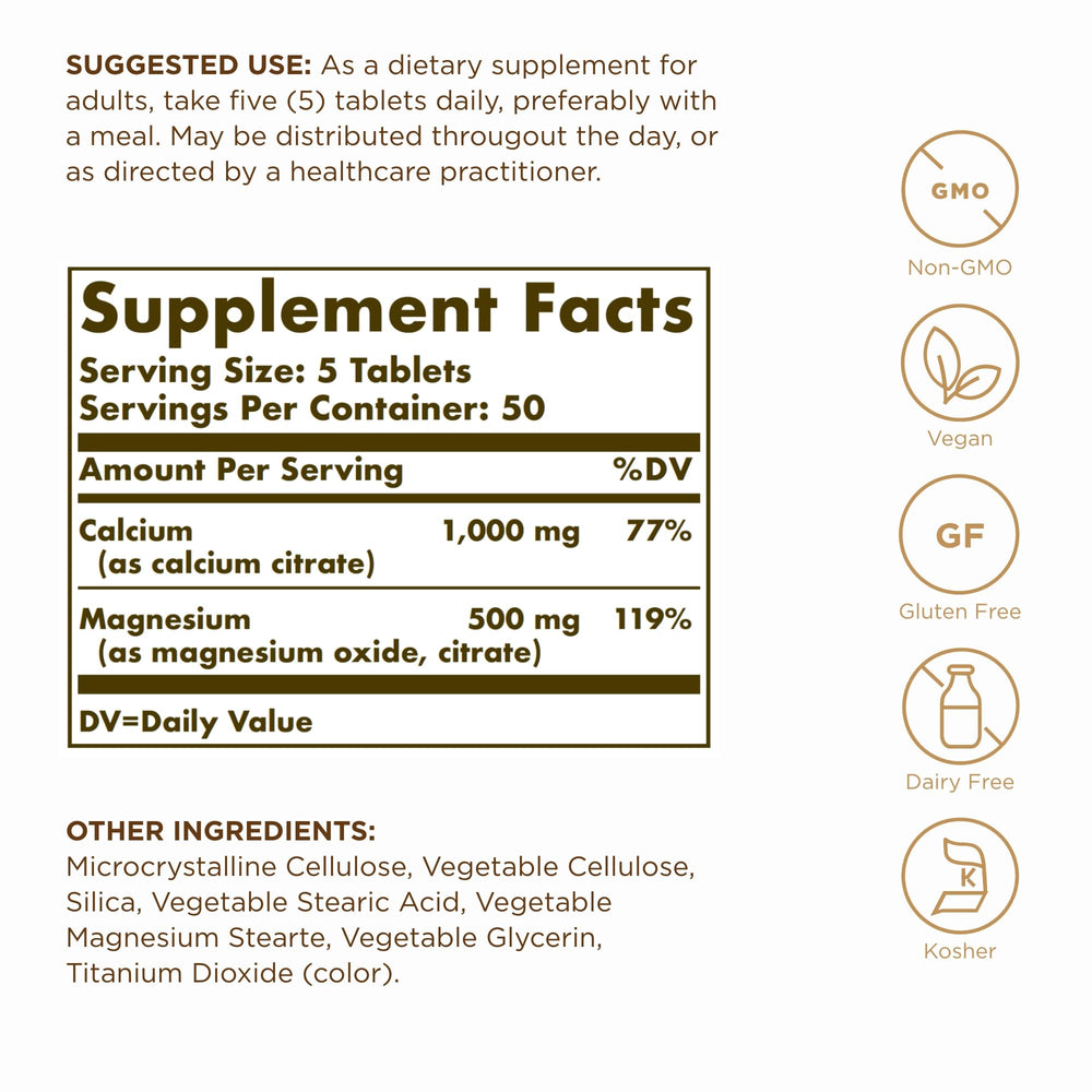 Close-up of Solgar Calcium Magnesium Citrate bottle label