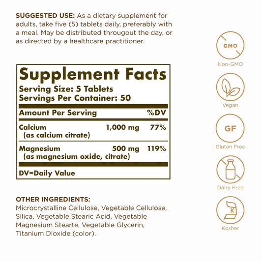 Close-up of Solgar Calcium Magnesium Citrate bottle label