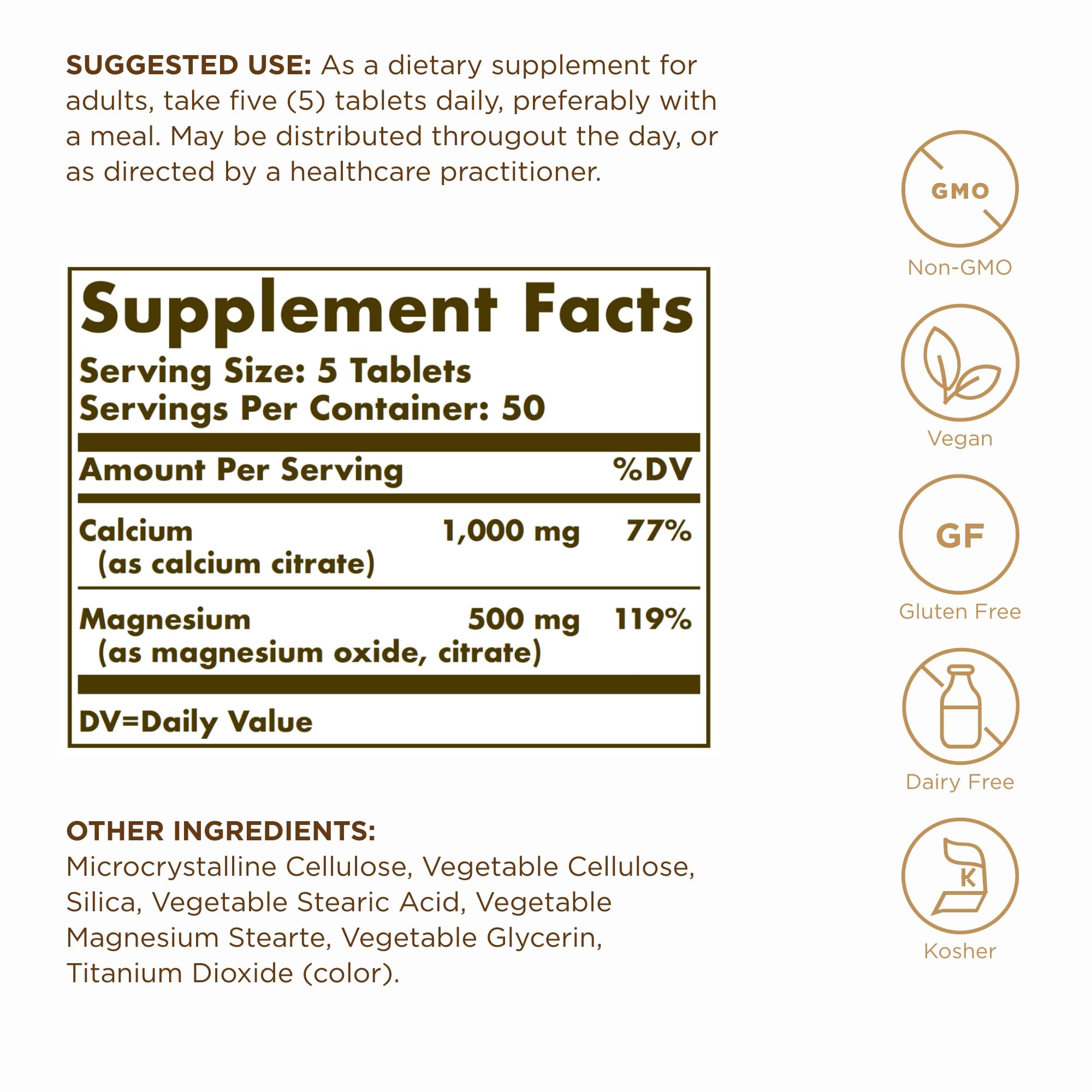 Close-up of Solgar Calcium Magnesium Citrate label