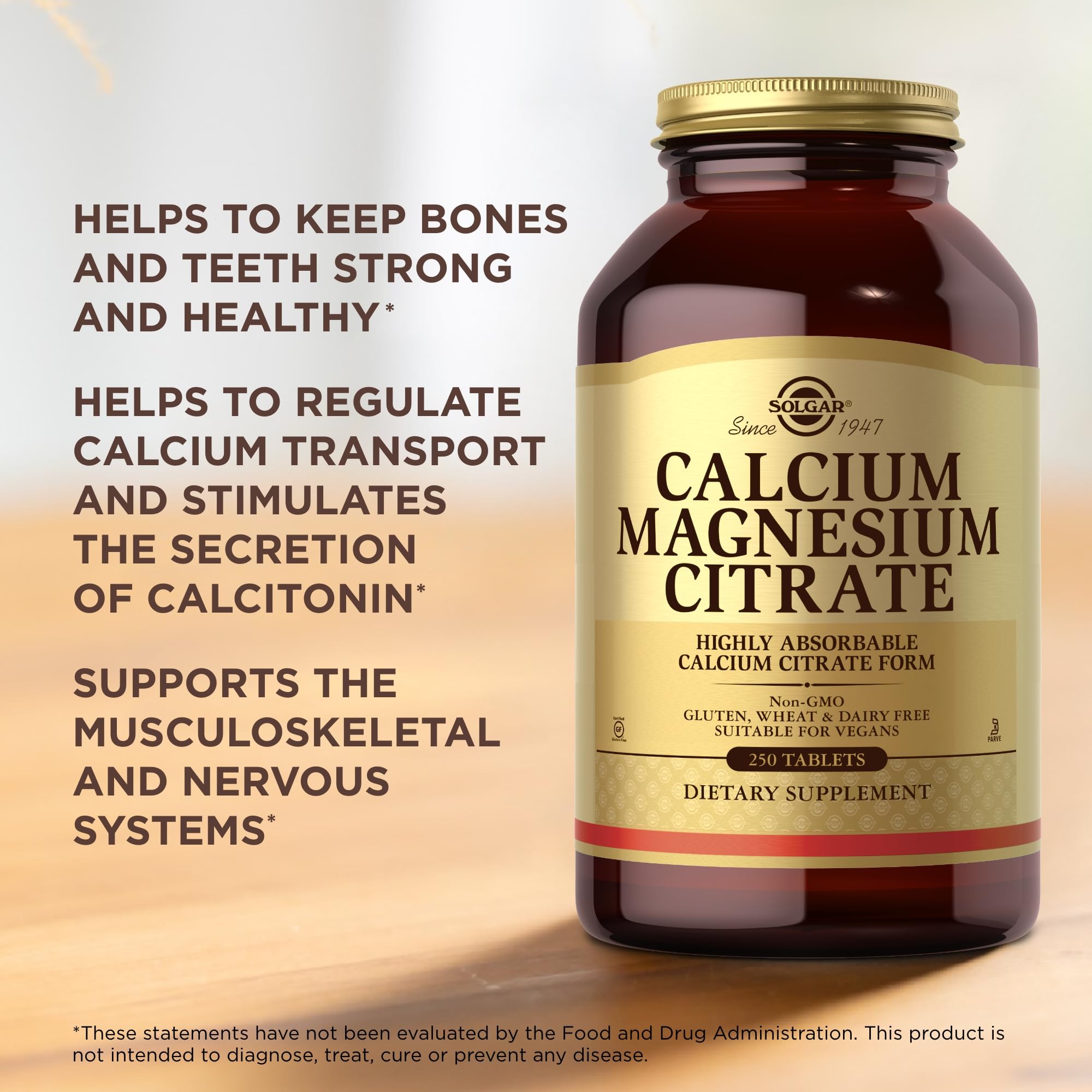 Vegan, non-GMO, gluten-free Solgar Calcium Magnesium Citrate packaging