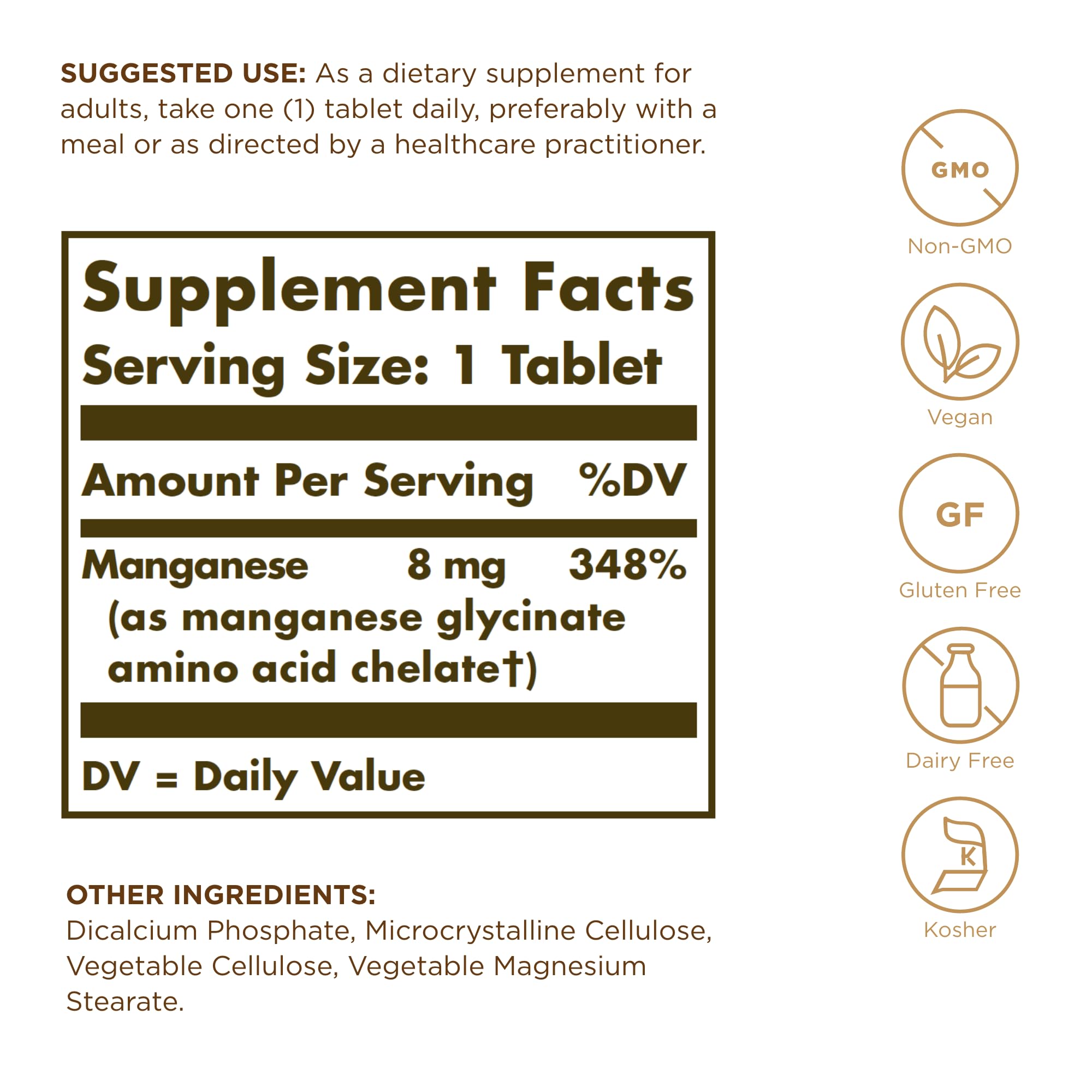 Solgar Chelated Manganese bottle label with product details