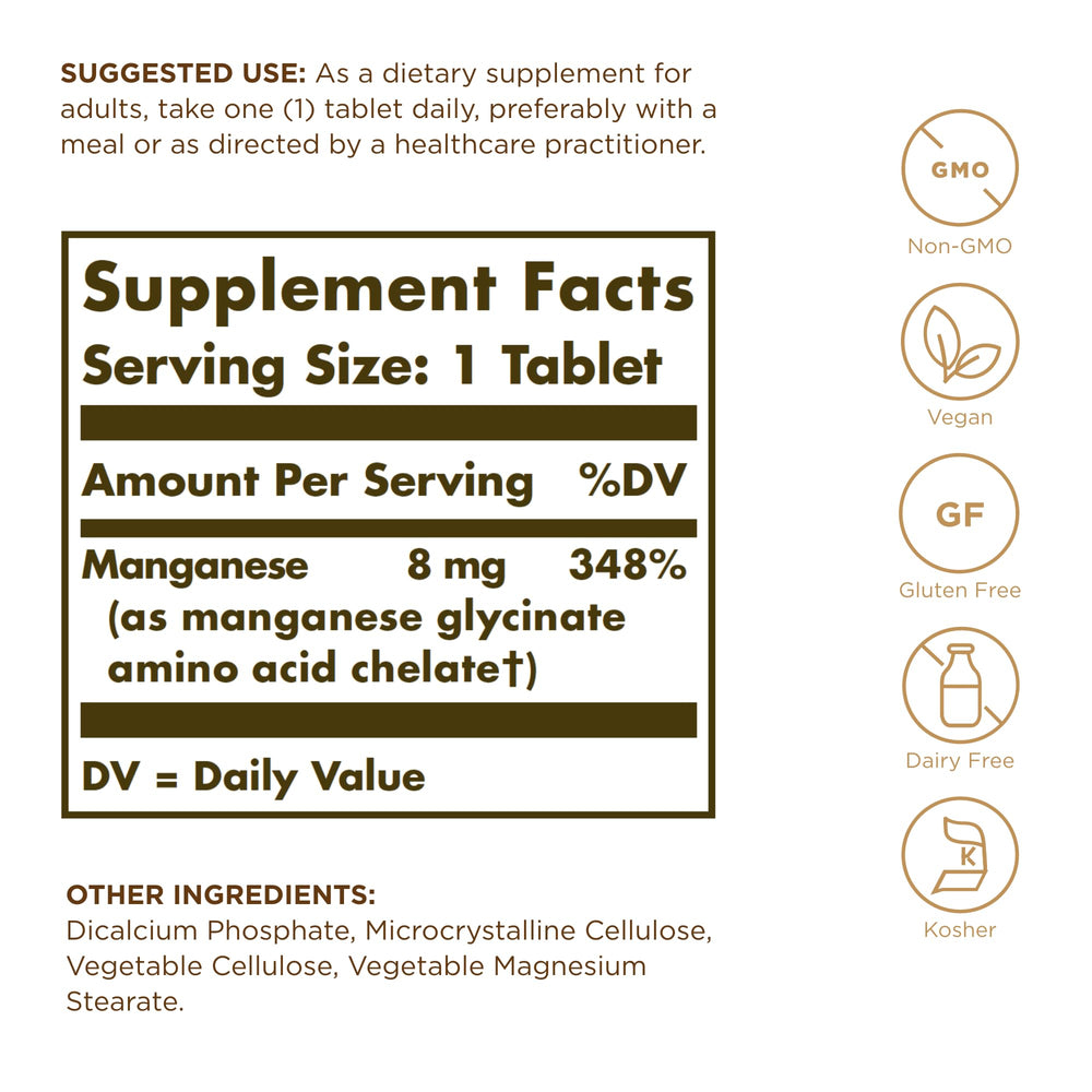 Solgar Chelated Manganese bottle label with product details