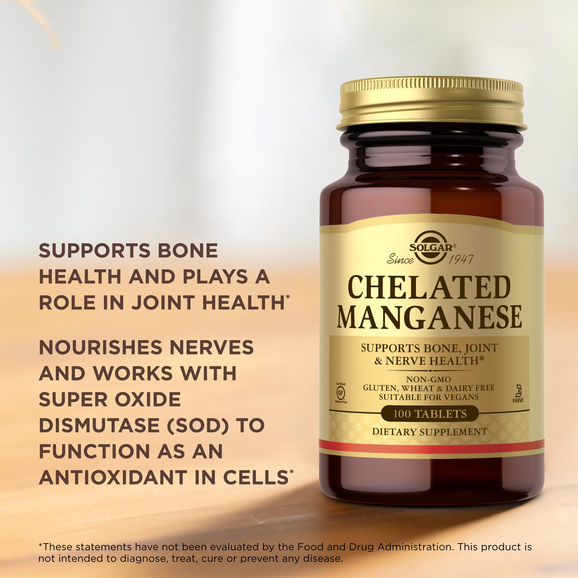 Close-up of Solgar Chelated Manganese tablets