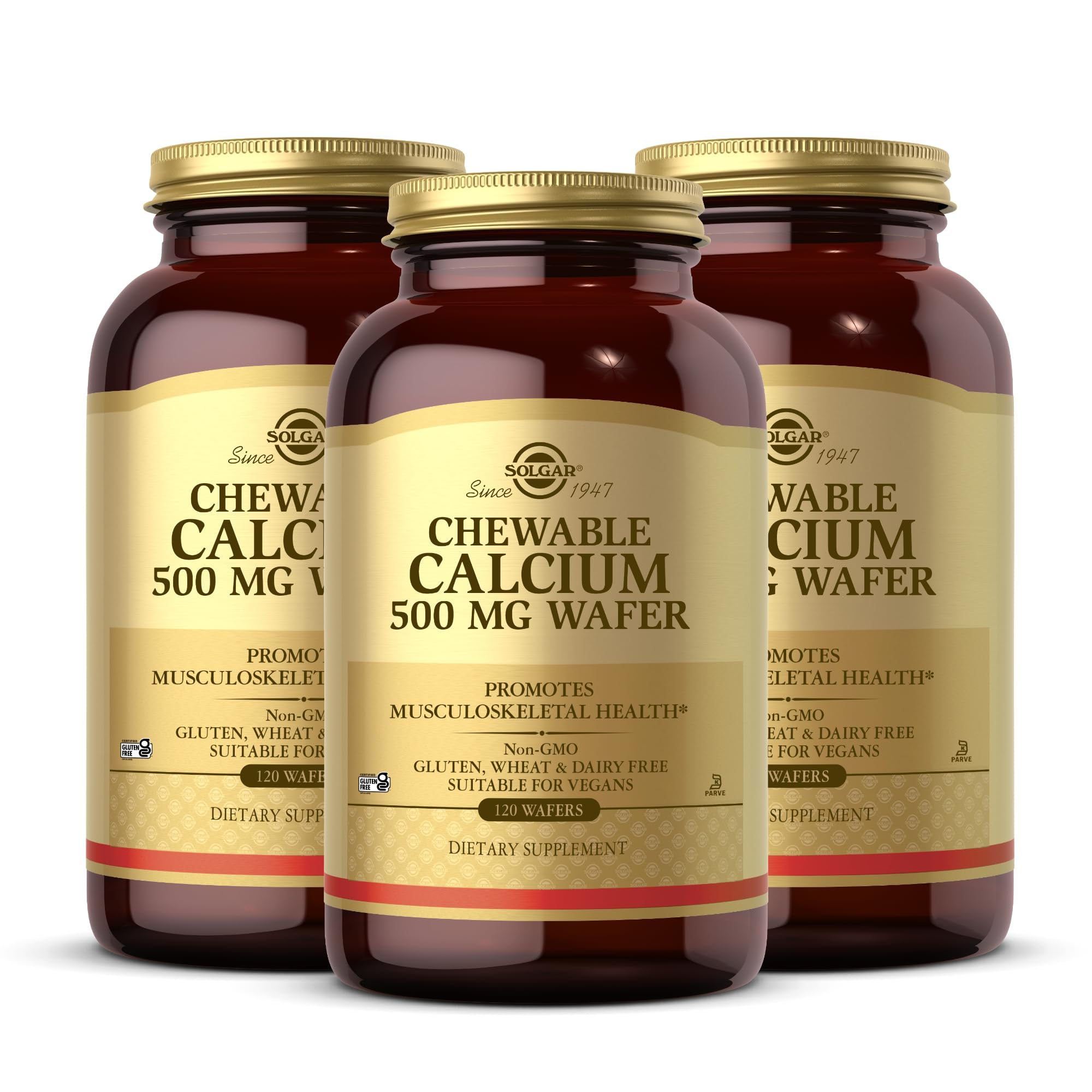 Front view of Solgar Chewable Calcium 500 mg 120 wafers in pack of 3