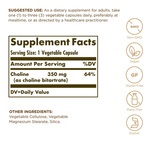 Close-up of Solgar Choline 350 mg label