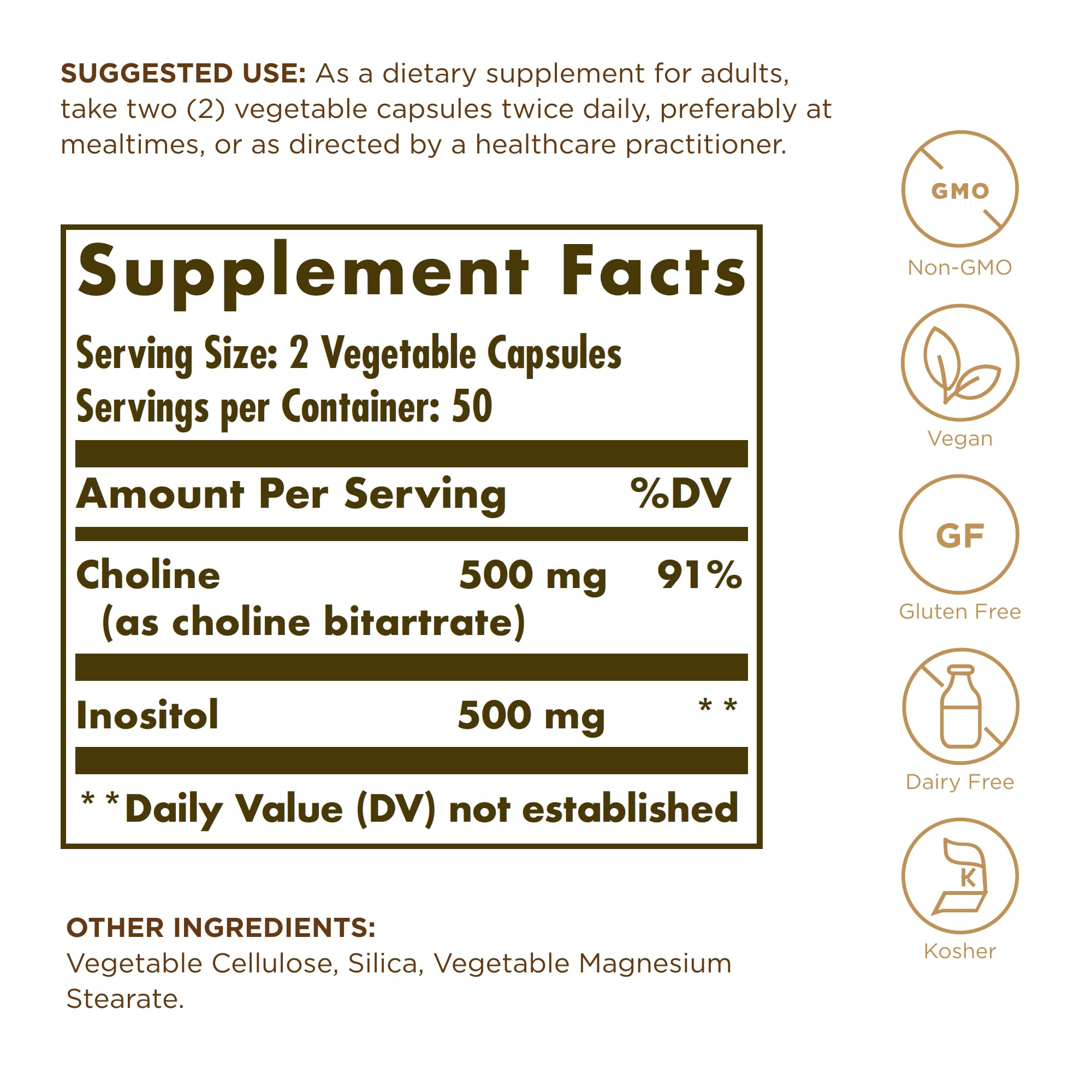 Close-up of Solgar Choline/Inositol 500 mg/500 mg capsules