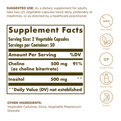 Close-up of Solgar Choline/Inositol 500 mg/500 mg capsules