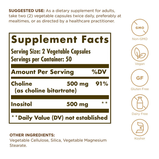 Solgar Choline/Inositol ingredients and B-Complex vitamins label