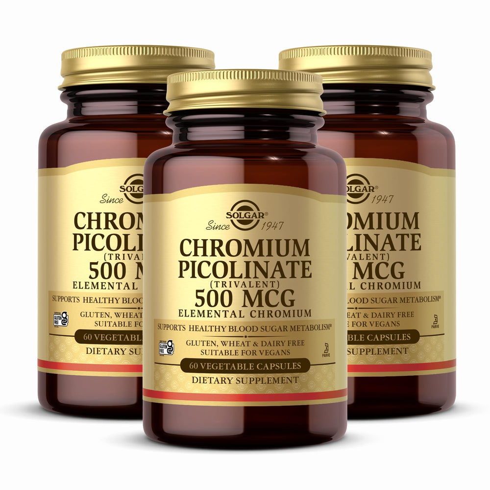 Front view of Solgar Chromium Picolinate 500 mcg 60 Vcaps 3-Pack
