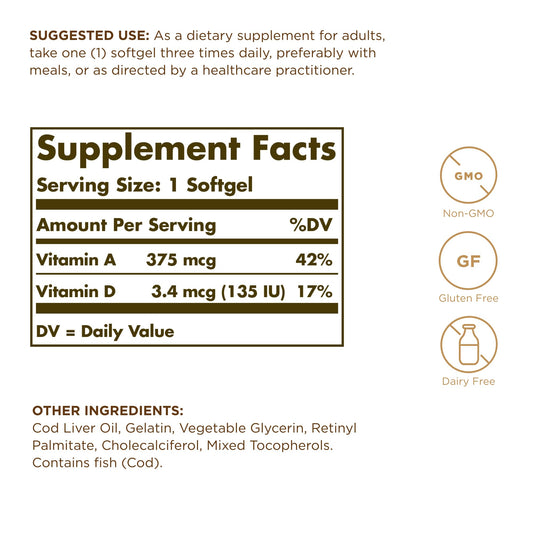 Solgar Cod Liver Oil bottle label highlighting vitamins A and D