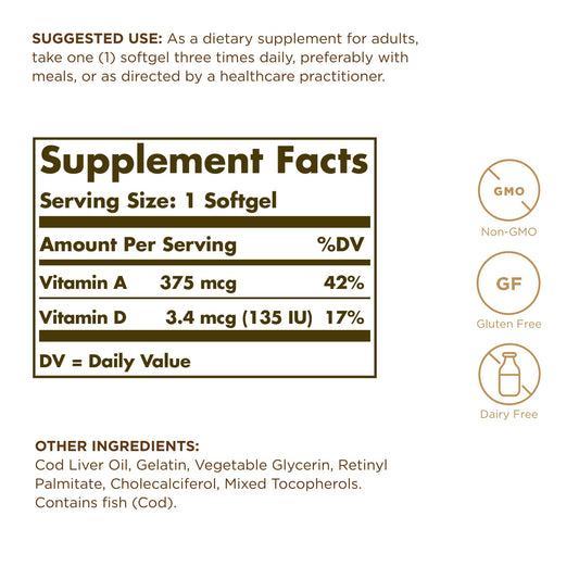 Solgar Cod Liver Oil 250 Softgels bottle label - vitamins A & D
