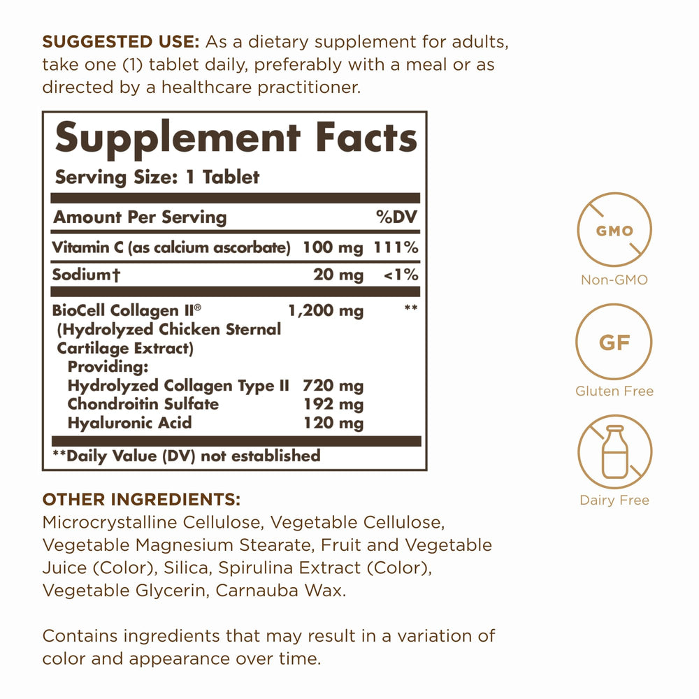 Solgar Collagen Hyaluronic Acid Complex label highlights