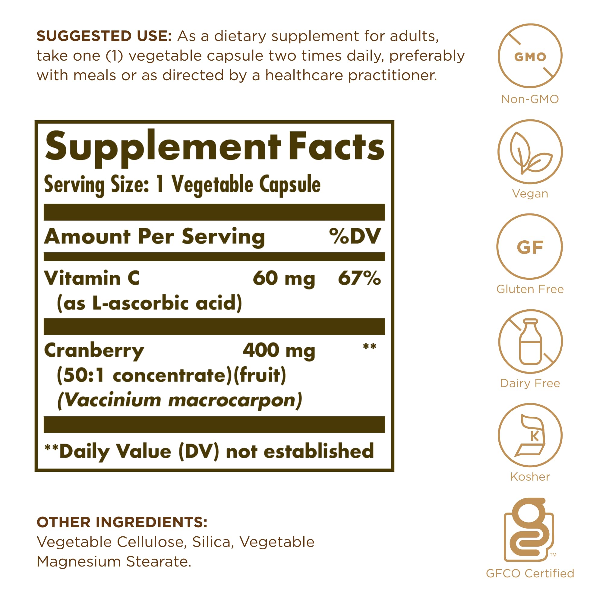 Close-up of Solgar Cranberry with Vitamin C bottle label