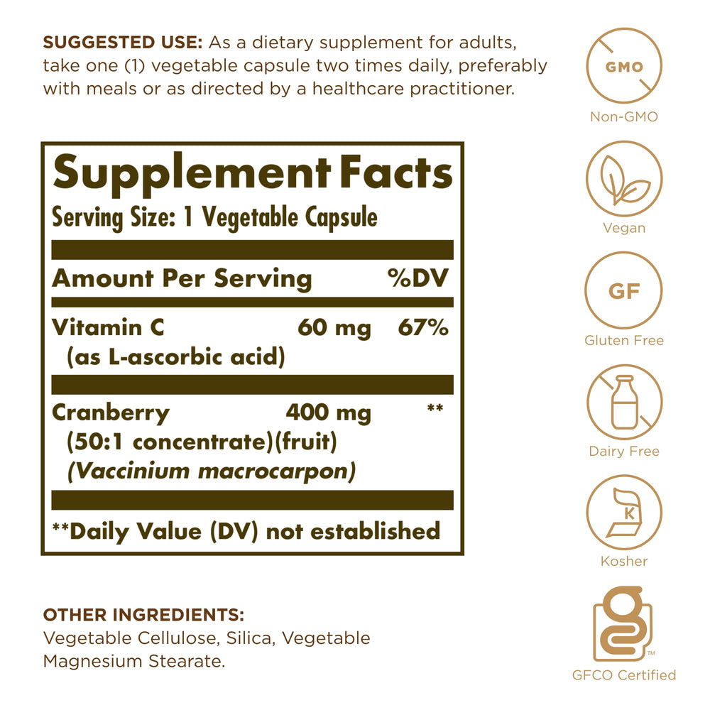 Close-up of Solgar Cranberry with Vitamin C bottle label