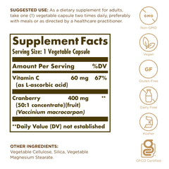 Close-up of Solgar Cranberry with Vitamin C bottle label