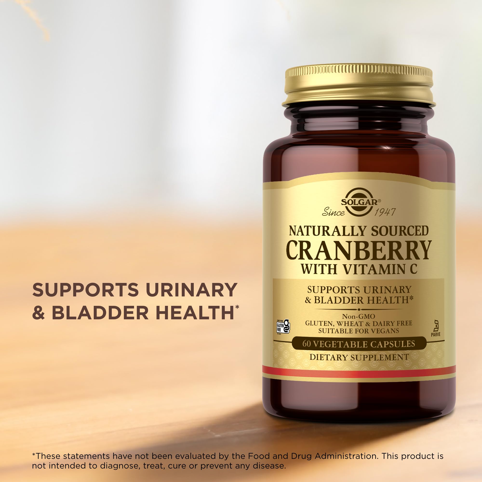 Cranberry concentrate and Vitamin C imagery on Solgar label