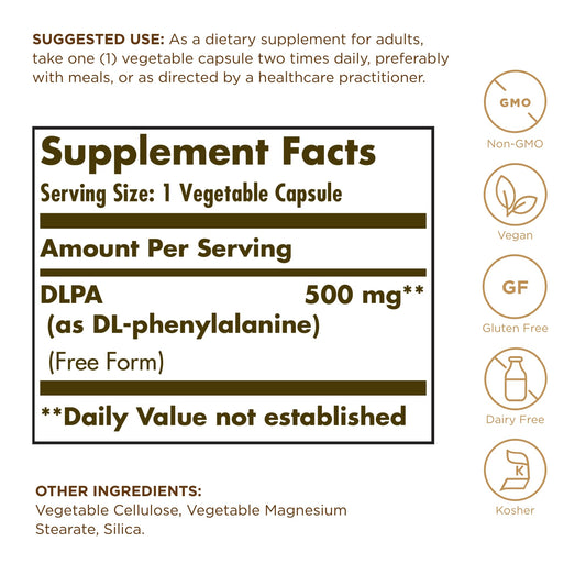 Solgar DLPA 500 mg bottle front view