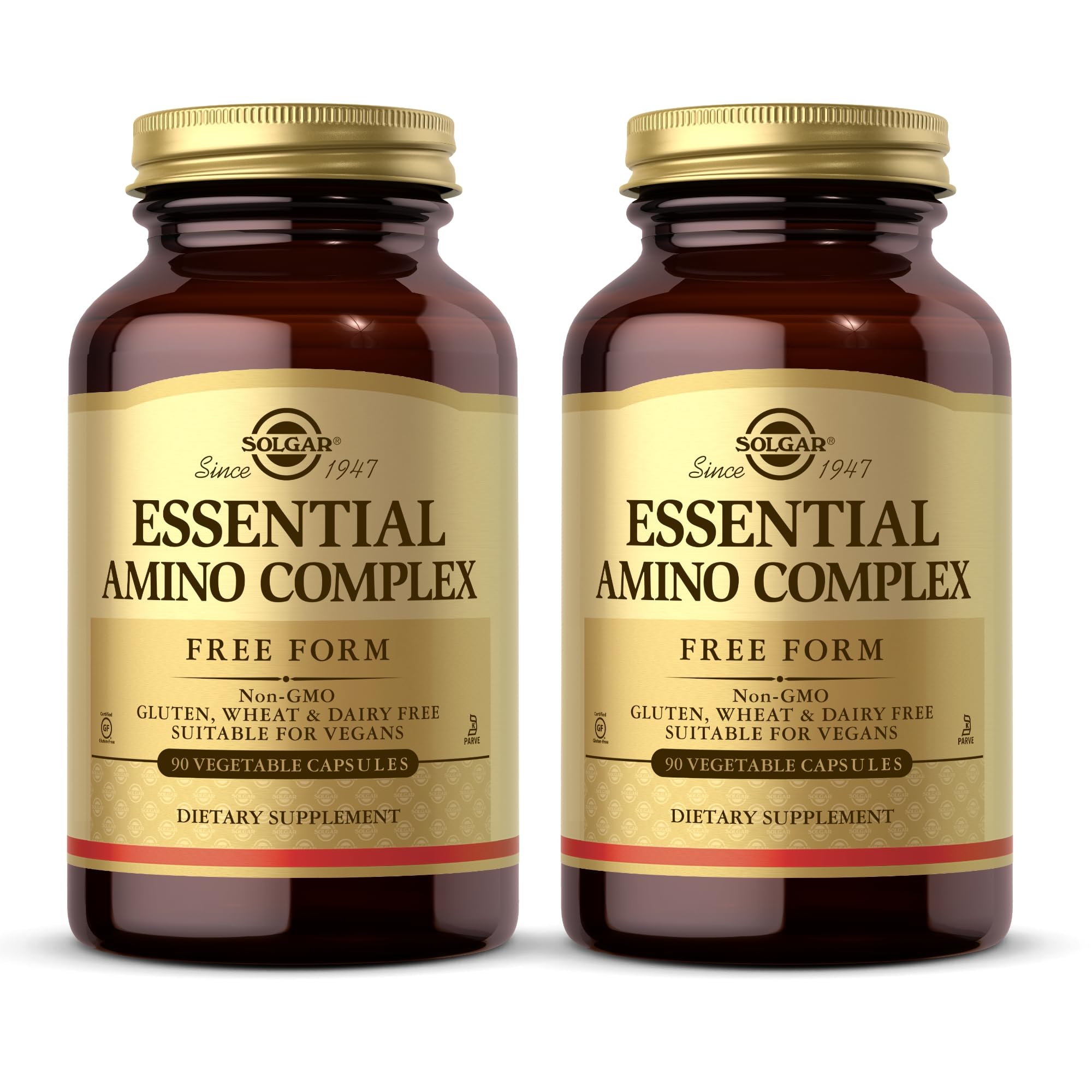 Solgar Essential Amino Complex bottle and 2-pack packaging