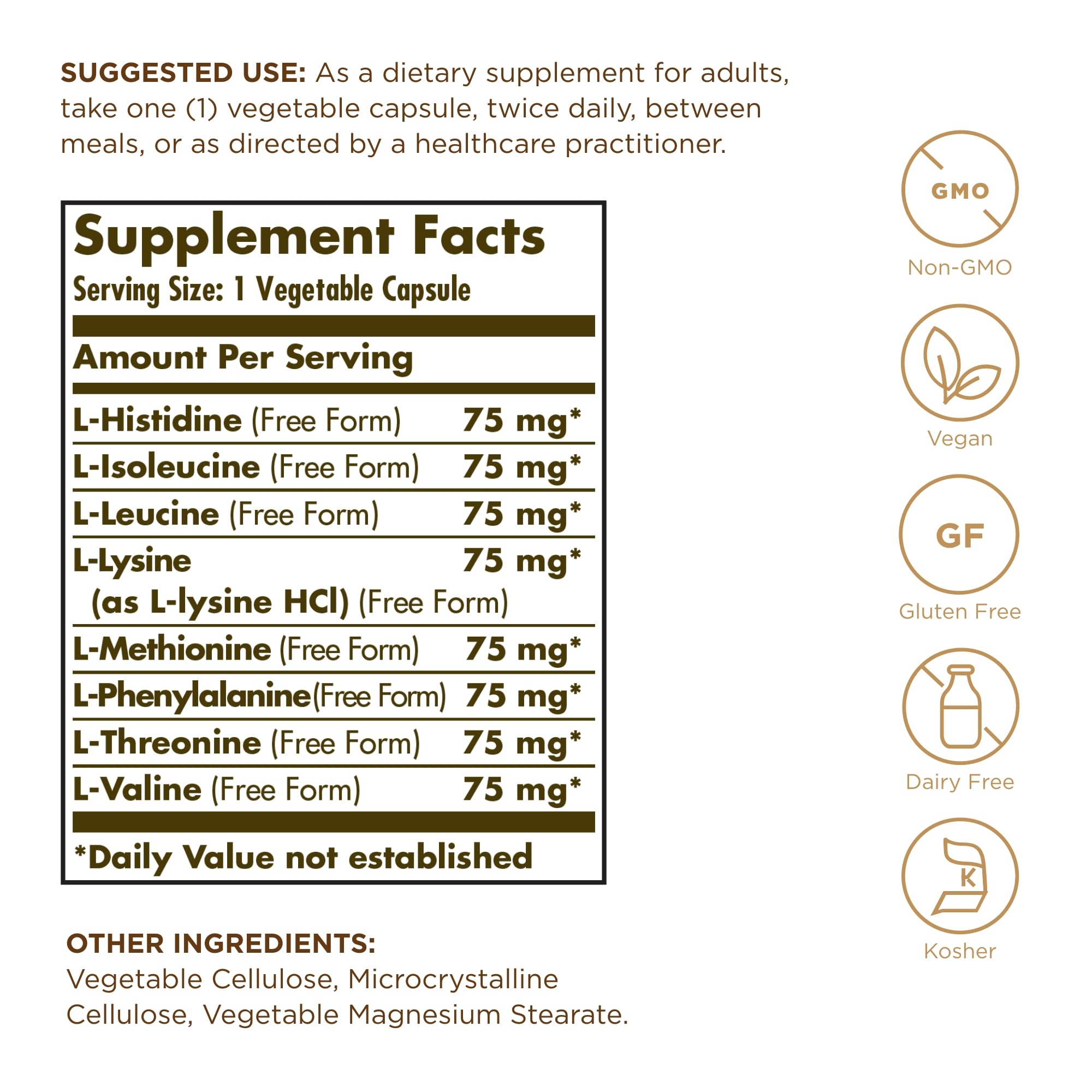 Front view of Solgar Essential Amino Complex bottle with label