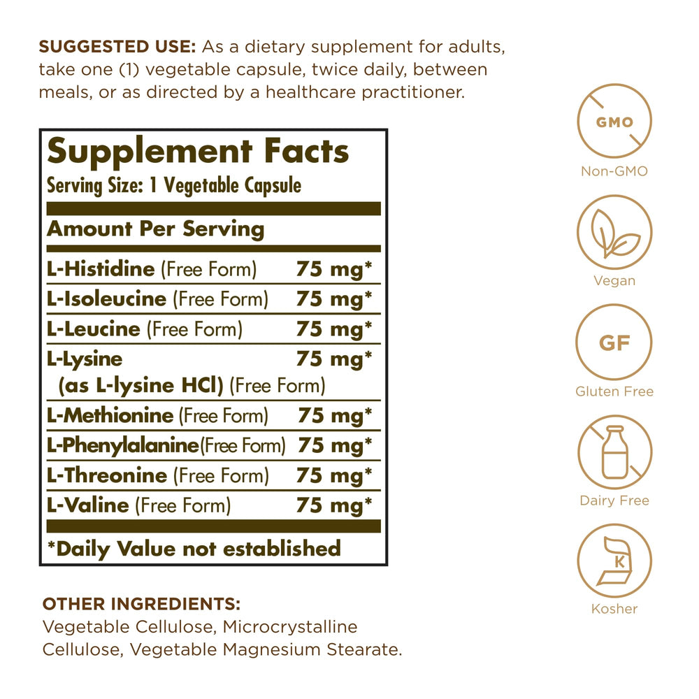 Front view of Solgar Essential Amino Complex bottle with label