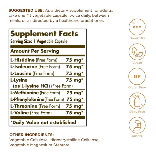 Close-up of Solgar Essential Amino Complex packaging for 3-pack