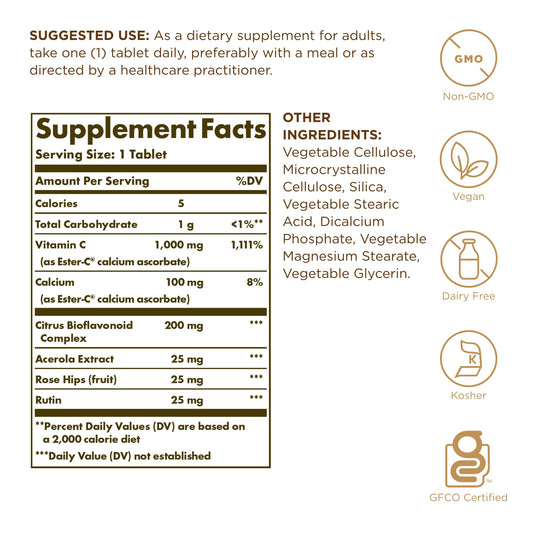 Solgar Ester-C Plus bottle back with supplement facts