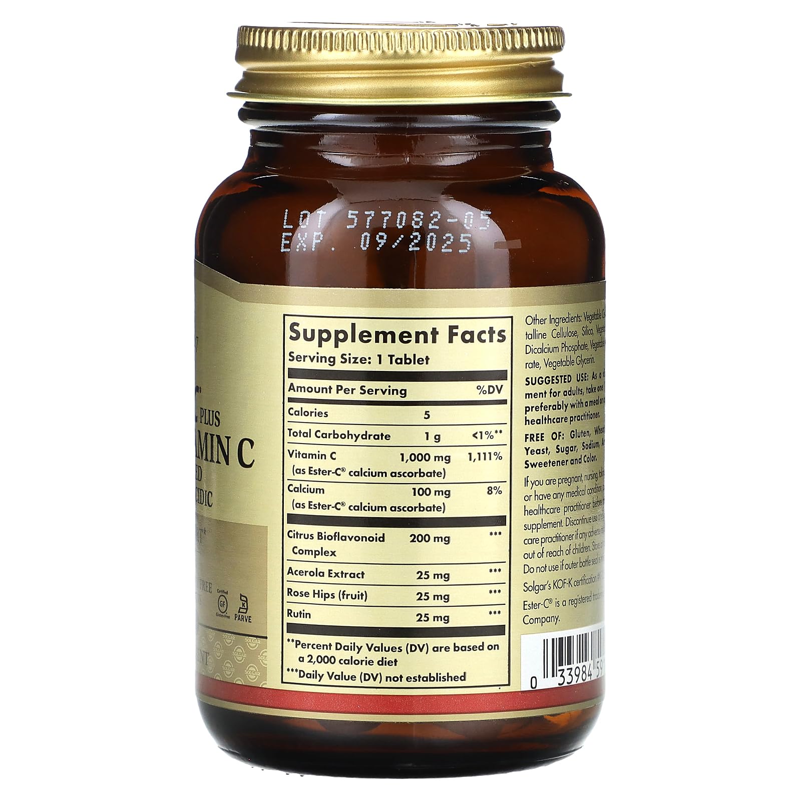 Solgar Ester-C Plus packaging with bioflavonoids acerola and rose hips