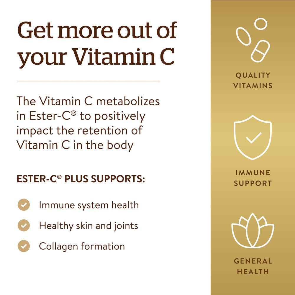 Non-GMO, vegan and gluten free label on Solgar Ester-C bottle