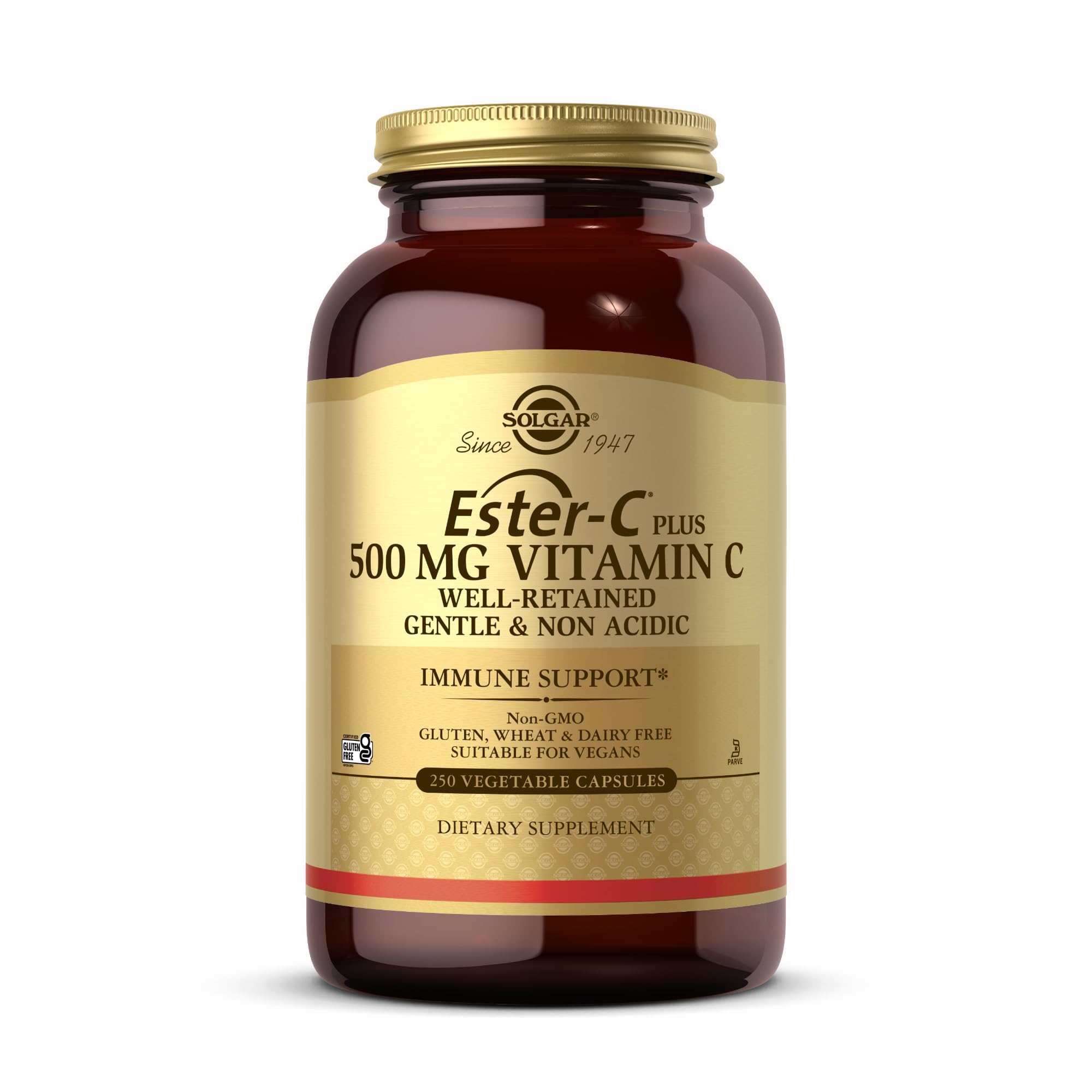 Solgar Ester-C Plus 500 mg Vitamin C bottle with 250 vegan capsules