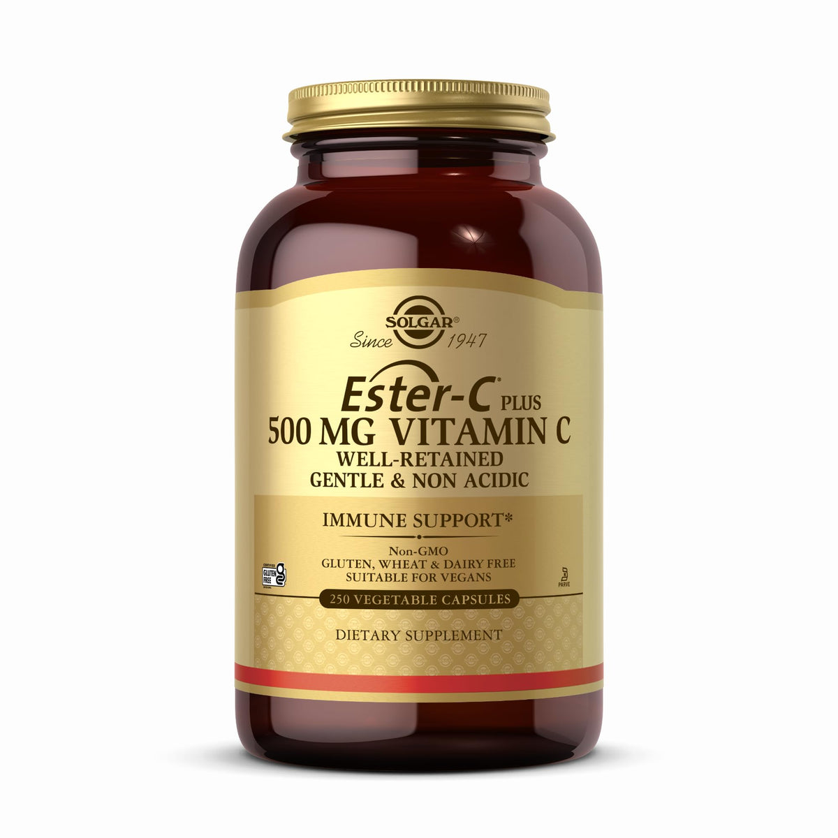Solgar Ester-C Plus 500 mg Vitamin C bottle with 250 vegan capsules