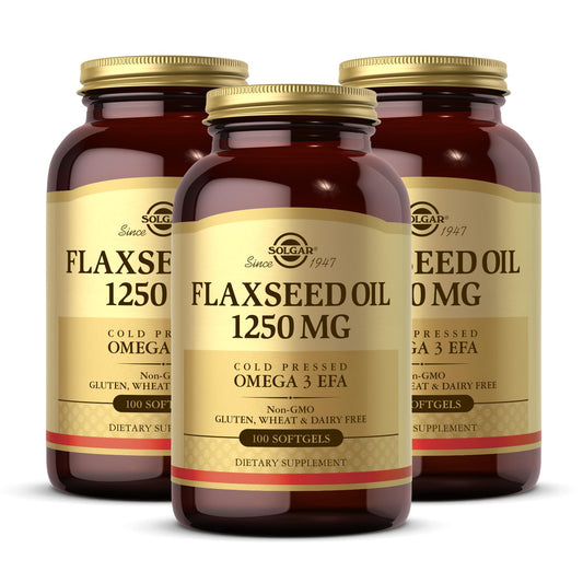 Solgar flaxseed oil bottle 1250 mg 100 softgels 3-pack