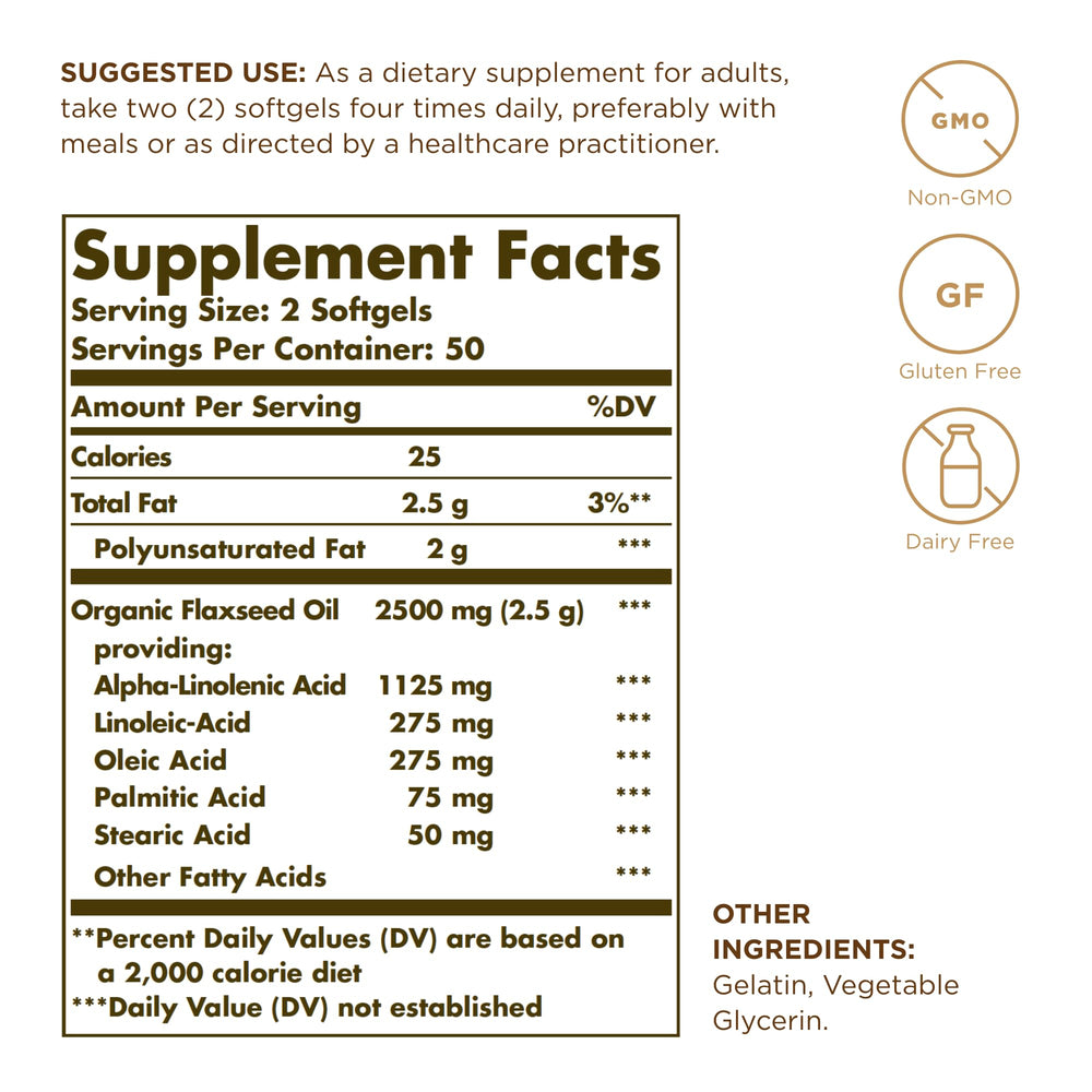 Front view of Solgar Flaxseed Oil 1250 mg bottle