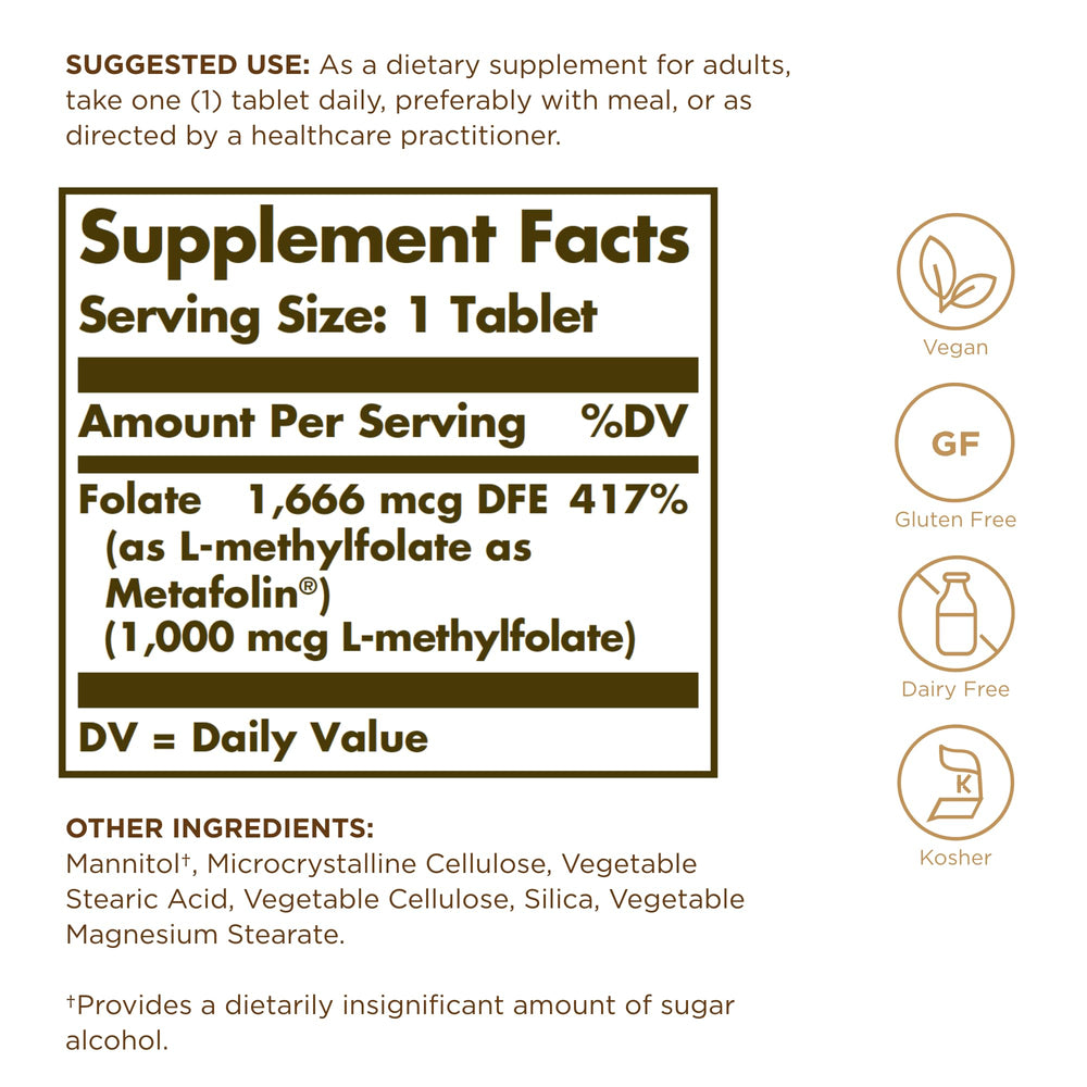 Solgar Folate 1000 mcg bottle – back label with supplement facts